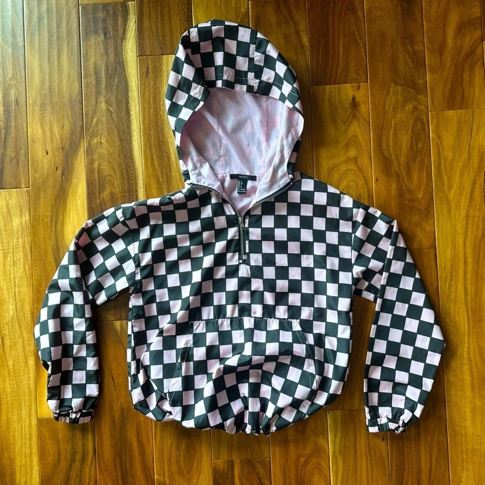 Forever 21 Pink and Black Checkered Quarter Zip Windbreaker Hoodie size Small